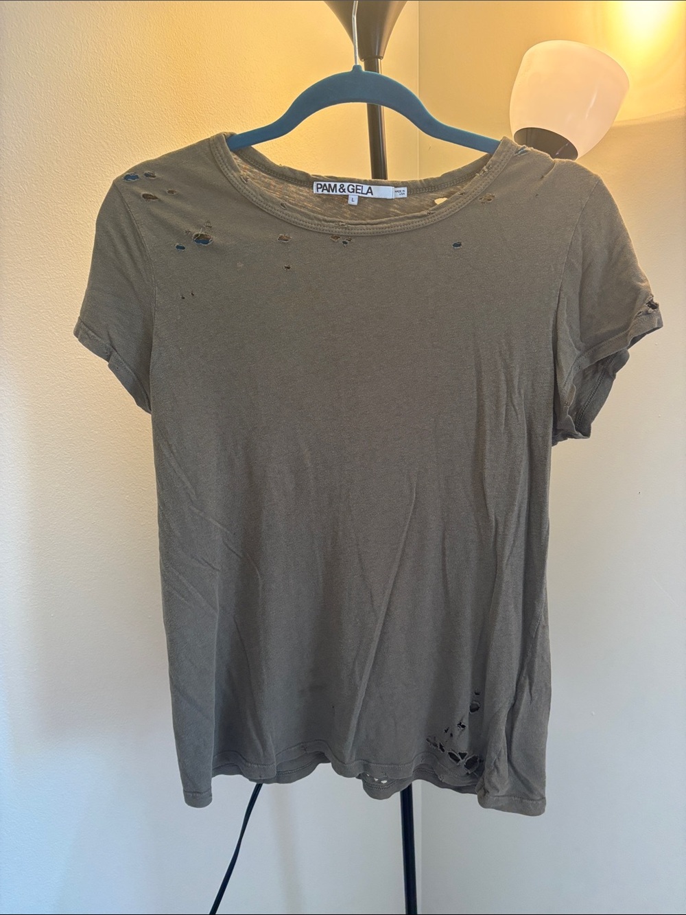 Pam & Gela Olive Distressed Short Sleeve Crew Tee